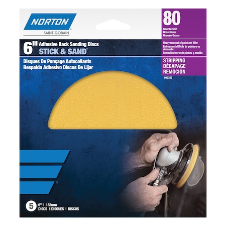 Norton Abrasives 6 In. Stick & Sand Paper PSA Disc H290 Aluminum Oxide P80 Grit, 5PK 7660700351